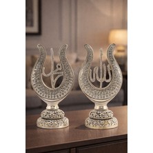 Deco Elit Allah & Muhammed Yazılı Lale Taşlı Silver Masa Üstü Dekor Seti – Klasik ve Asil Tasarım 22CM