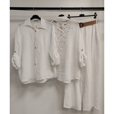 Della Moor White Kadın Italyan Sırtı Dantelli Keten Takım Pantolon ve Gömlekli