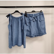 Della Moor Kadın Mavi Italyan Sıfır Kol Şortlu Keten Takım