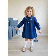 Hyggestylez Mavi Kot Nakışlı Kız Çocuk Elbise