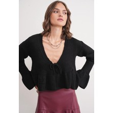 Giyimodam Fırfırlı Triko Kazak Siyah Ip Bağlama Detaylı Yumuşacık