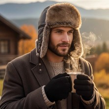 AbbasShop Gerçek Tavşan Kürklü Ushanka Deri Pilot Şapka Ayarlanabilir Tokalı Kışlık Outdoor Şapka Rex Model Kahverengi