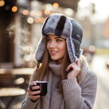 AbbasShop Gerçek Tavşan Kürklü Ushanka Deri Pilot Şapka Ayarlanabilir Tokalı Kışlık Outdoor Şapka Rex Model Gri