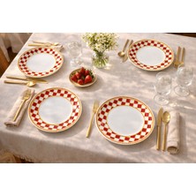 Porcelland Nara Kırmızı Desenli 21 cm Pasta Tabağı | 4’lü Porselen Servis Tabağı Seti