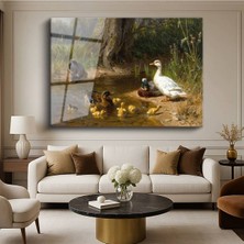 TosbArt Carl Jutz Göl Kenarı Ördekler Yavruları Doğa Resmi Temperli Cam Tablo Sanat Tablosu Dekoratif Tablo