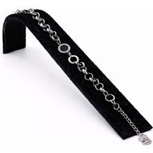 Pangu Siyah Mineli Yuvarlak Detaylı Gümüş Renk Çelik Bileklik