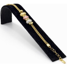 Pangu Ortası Renkli Boncuk Detaylı Altın Renk Çelik Bileklik