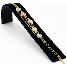 Pangu Çok Zincirli Yuvarlak Renkli Taş Detaylı Altın Renk Çelik Bileklik