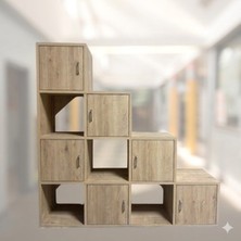 Mukotoys Ahşap Görünümlü Basamak Kitaplık ve Çok Amaçlı Düzenleyici Dolap (6 Kapaklı & 4 Açık Raflı)