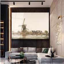 TosbArt Jan Van Der Heyden Hollanda Değirmeni Köprü Resmi Temperli Cam Tablo Sanat Tablosu Dekoratif Tablo
