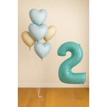 -2- Yaş Retro Mavi Rakam Folyo Balonlu Kalpli Doğum Günü Seti