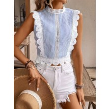 Balva Konsept Kadın Vintage Esintili Kolsuz Açık Mavi Relaxed Bluz