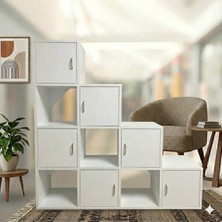 Mukotoys Beyaz Kademeli Basamak Kitaplık ve Çok Amaçlı Düzenleyici Dolap (6 Kapaklı & 4 Açık Raflı)