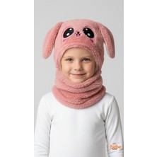 Eleven Markets Kız Çocuk Kulaklı Bere Boyunluk Animal Sevimli Tavşan Desenli Polar Kışlık Şapka & Atkı, 3-9 Yaş Somon