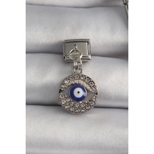 Net Damla 316L Çelik Gümüş Renk Sallantı Zirkon Taşlı Göz Model Nazar Boncuk Detay Nomination Charm