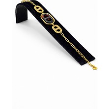 Pangu Oval Koyu Kahverengi Taş Detaylı Altın Renk Çelik Bileklik