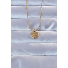 Net Damla 316L Altın Renk Zirkon Taşlı Işlemeli Göz Detay Kalp Kolye