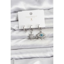 Net Damla Göz Model Gümüş Renk Pirinç 3'lü Kadın Küpe Seti