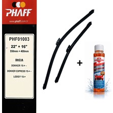Phaff Dacia Dokker (2015-2021) Ön Silecekleri (Sol Sağ 550MM+400MM) ve Börfh 32 ml Konsantre Cam Suyu Şampuanı Seti