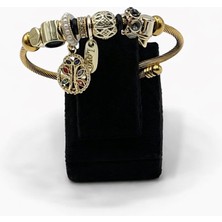 Pangu Hayat Ağacı Figürlü, Taş Detaylı Altın Renk Çelik Charm Bileklik