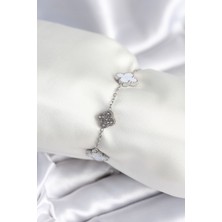 Net Damla 316L Çelik Zincir Gümüş Renk Zirkon Taşlı Yonca Beyaz Kadın Bileklik - Lisinya