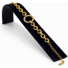 Pangu Ortası Yuvarlak Zirkon Taşlı Halka Detaylı Altın Renk Çelik Bileklik