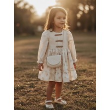 Danuna Kids Kız Çocuk Uzun Kollu Fiyonklu Fırfırlı Pamuklu Tül Astarlı Vintage Elbise -Çantalı Elbise -Krem