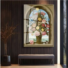 TosbArt Ambrosius Bosschaert Kemerli Pencere Çiçekleri Temperli Cam Tablo Sanat Tablosu Dekoratif Tablo