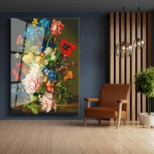 TosbArt Jan Van Huysum Bahar Çiçekleri Renkli Buket Temperli Cam Tablo Sanat Tablosu Dekoratif Tablo
