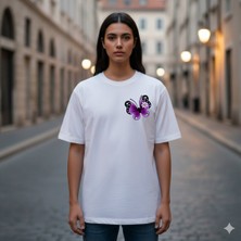 Etoile Studio Unisex %100 Pamuklu Oversize Grafik Baskılı Bisiklet Yaka Tişört Sevgili Kombini Morkelebek
