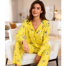 NiCe İç Giyim Neon Sarı Yumuşacık Süet Kadın Gömlek Pijama Takım Baskılı Anne & Kız Çocuk Pijama Ayrı Alınabilir