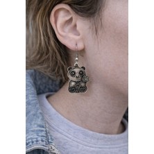 Herşey Nota Lucky Panda Charm – Çiçek Detaylı Panda Figürlü Gümüş Renk Unisex Sallantılı Küpe