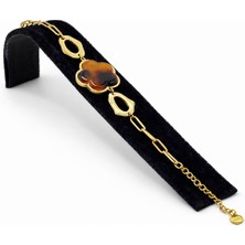 Pangu Çiçek Form Kahverengi Taş Detaylı Altın Renk Çelik Bileklik