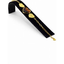 Pangu Kalp Form Kahverengi Taş Detaylı Altın Renk Çelik Bileklik