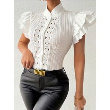 Balva Konsept Kadın Dantel Detaylı Balon Kol Beyaz Gömlek