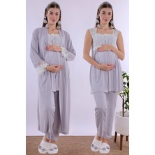 Effortt Gri Uzun Sabahlıklı Hamile Lohusa Pijama Takımı