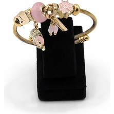 Pangu Fil Figürlü, Taş Detaylı Altın Renk Çelik Charm Bileklik