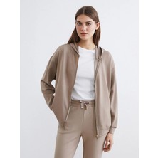 LC Waikiki Kahverengi Kapüşonlu Soft Touch Kadın Fermuarlı Sweatshirt  (S6)