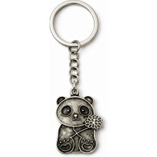 Herşey Nota Lucky Panda Charm – Çiçek Detaylı Panda Figürlü Gümüş Renk Unisex Metal Anahtarlık