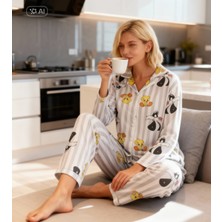 NiCe İç Giyim Tweety& Sylvester Temalı Milan Kumaş Gri Beyaz Çizgili Kadın Gömlek Yaka Pijama Takımı