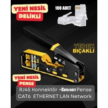 Derwell Yeni Nesil 2026 Sarı Pense RJ45 Çok Fonksiyonlu Ağ Sıkma Pensesi Utp Cat6 Cat7 RJ45 RJ11 RJ12 + 100 Adet Yeni Nesil Delikli Konnektör Network Aksesuarları