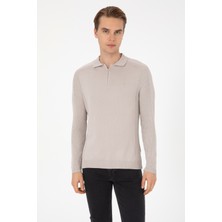 U.S. Polo Assn. Erkek Slim Fit Yarım Fermuarlı Polo Yaka Taş Kazak 50315806-VR049