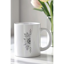 YasBey Design Minimal Çiçek Desenli 330ML Baskılı Beyaz Seramik Kupa Bardak