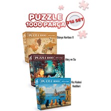 Allians 3 Adet 1000 Parça Puzzle: Dünya Haritası, Ateş, Su ve Kız Kulesi Kedileri