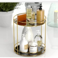 Feyza Design Iki Katlı Yuvarlak Gold Makyaj ve Kahve Sunumluk Organizer