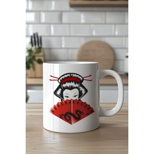 YasBey Design Geisha Figürlü Japon Yelpazesi Desenli 330ML Baskılı Beyaz Seramik Kupa Bardak