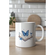 YasBey Design Kitap ve Mavi Kelebek Desenli Estetik 330ML Baskılı Beyaz Seramik Kupa Bardak