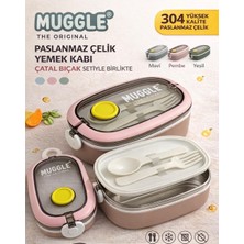 BURADABULDUN Paslanmaz Çelik Yemek Kabı 750 ml - Çatal Kaşık Setli, Çift Kilitli Tasarım- Pembe Renk