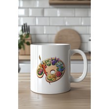 YasBey Design Çiçekli Ressam Paleti Tasarımlı 330ML Baskılı Beyaz Seramik Kupa Bardak