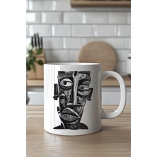 YasBey Design Estetik Kübist Sanat Desenli 330ML Baskılı Beyaz Seramik Kupa Bardak